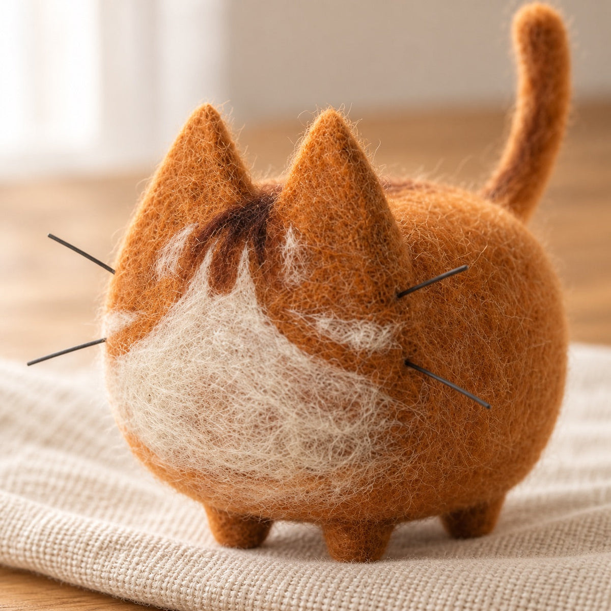 AI-styled: Wool texture of the orange finished cat example from the needle-felting kit. Styling props are not included.