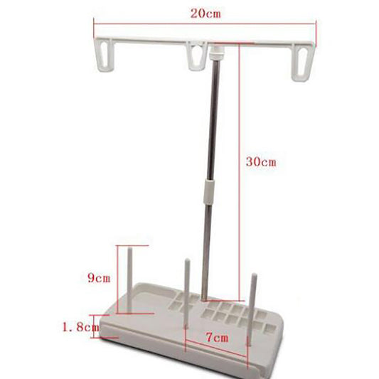 Supplier photo and size diagram: White Three-Post Sewing Thread Stand; stand only