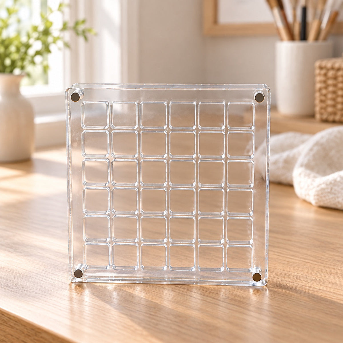 AI-styled: 36-Compartment Acrylic Display Box on a warm oak craft desk. Styling props are not included.
