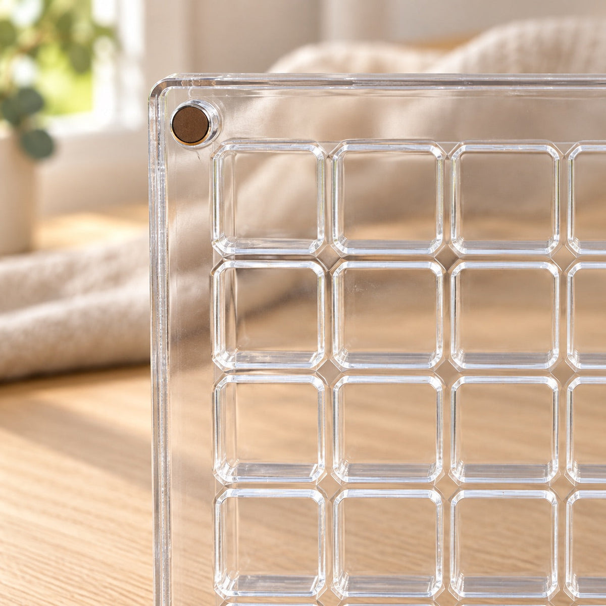 AI-styled: 36-Compartment Acrylic Display Box — close view of the original product details. Styling props are not included.
