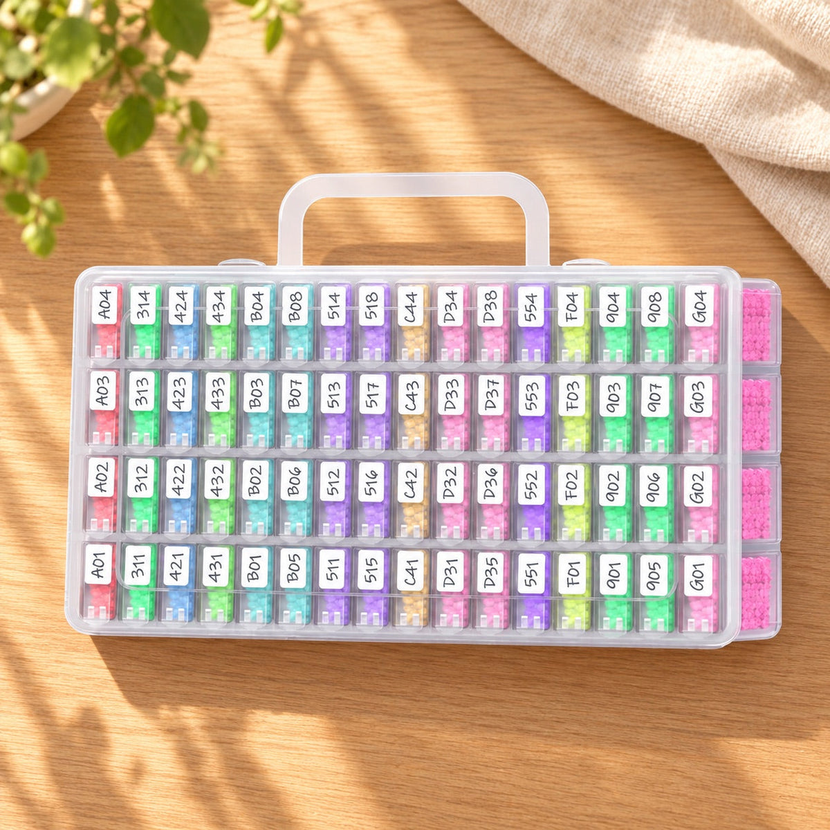 AI-styled: 64-Container Bead and Drill Case on a warm oak worktable. Styling props are not included.