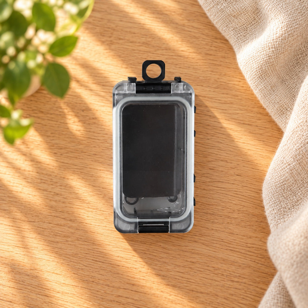 AI-styled: Compact Black-Latch Notions Box on a warm oak worktable. Styling props are not included.