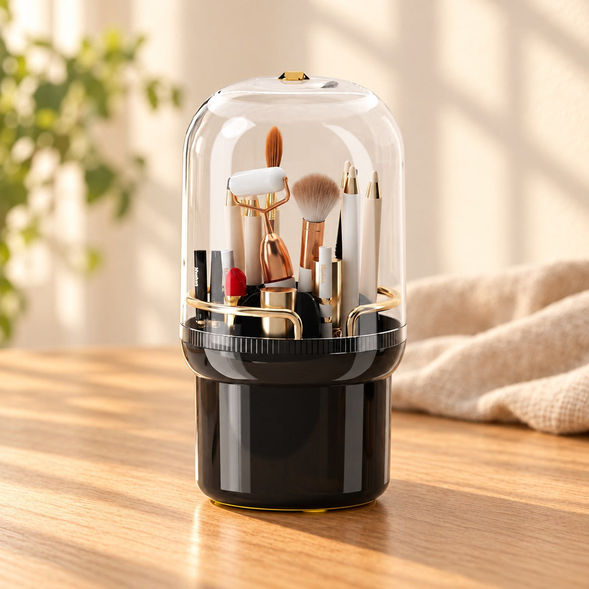 AI-styled: Black Covered Desktop Organizer on a warm oak worktable. Styling props are not included.