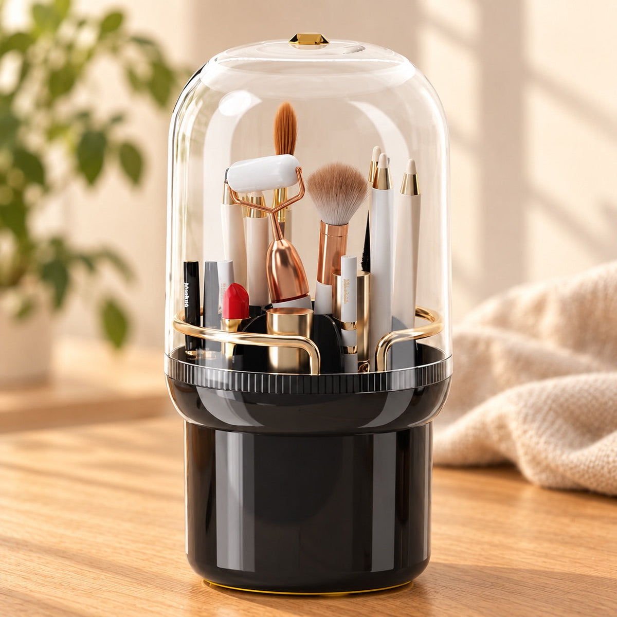 AI-styled: Black Covered Desktop Organizer, closer view on a warm oak worktable. Styling props are not included.