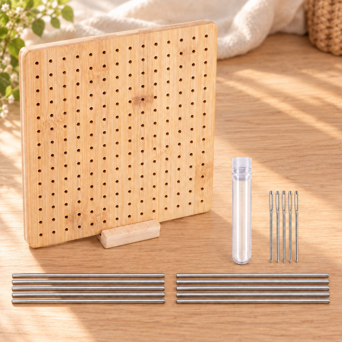 AI-styled: Bamboo Crochet Blocking Board — 7.7 Inch on a warm oak craft desk. Styling props are not included.