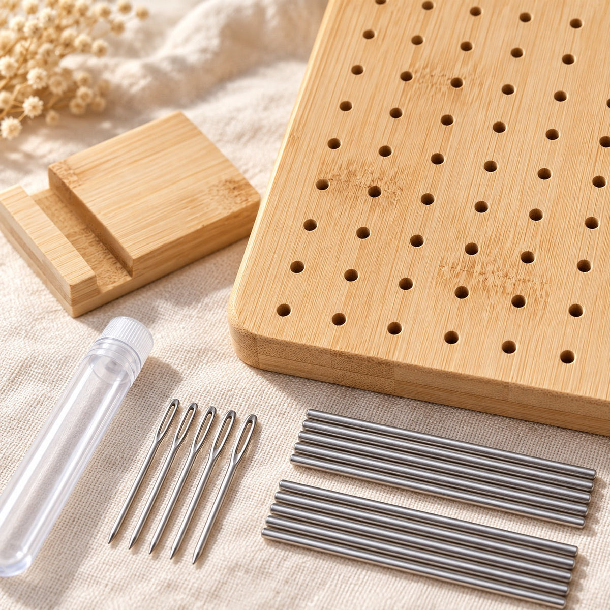 AI-styled: Bamboo Crochet Blocking Board — 7.7 Inch — close view of the original product details. Styling props are not included.