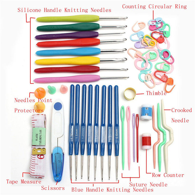 Crochet Hooks and Notions Box — supplier product photo with annotations; see contents and exclusions