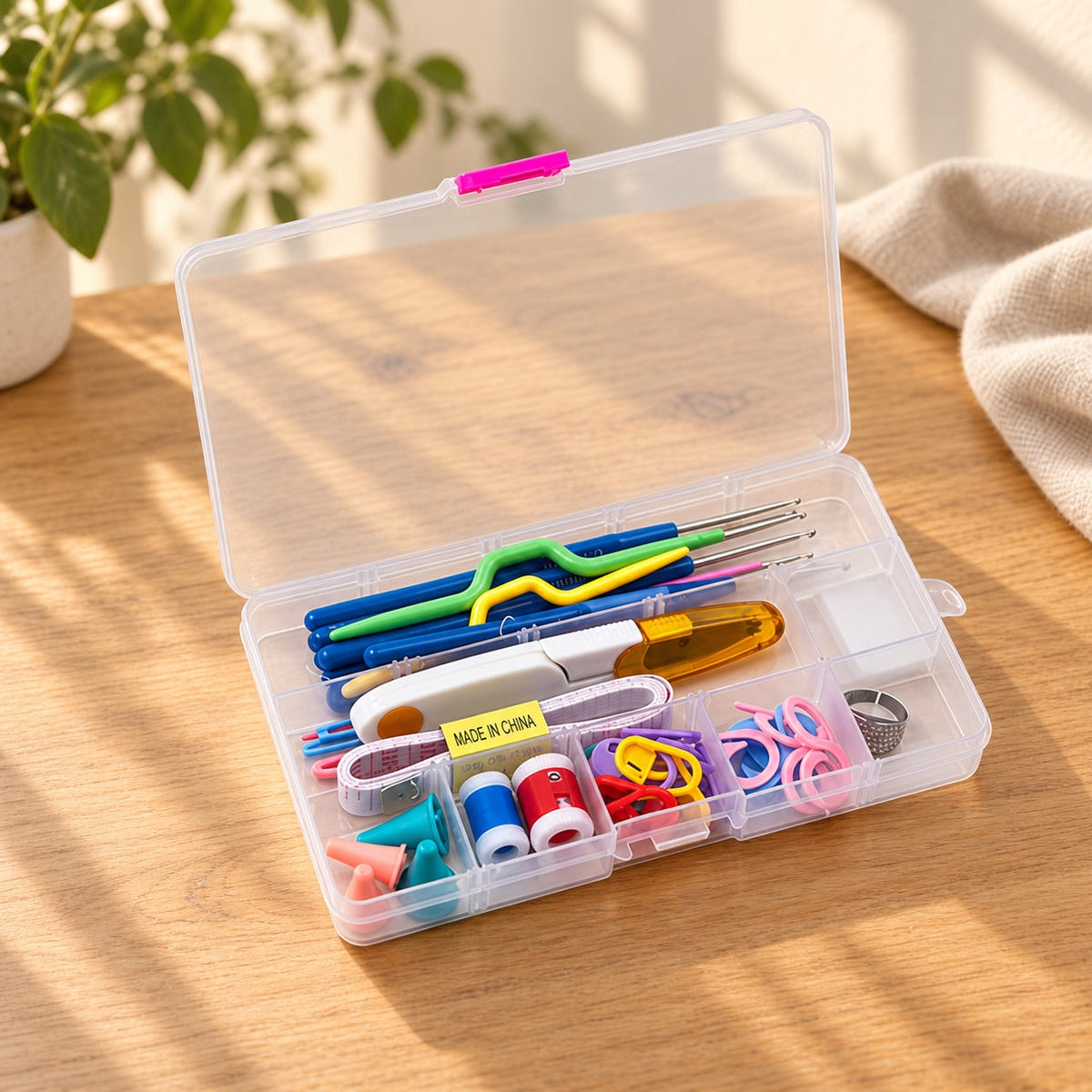AI-styled: Crochet Hooks and Notions Box on a warm oak worktable. Styling props are not included.