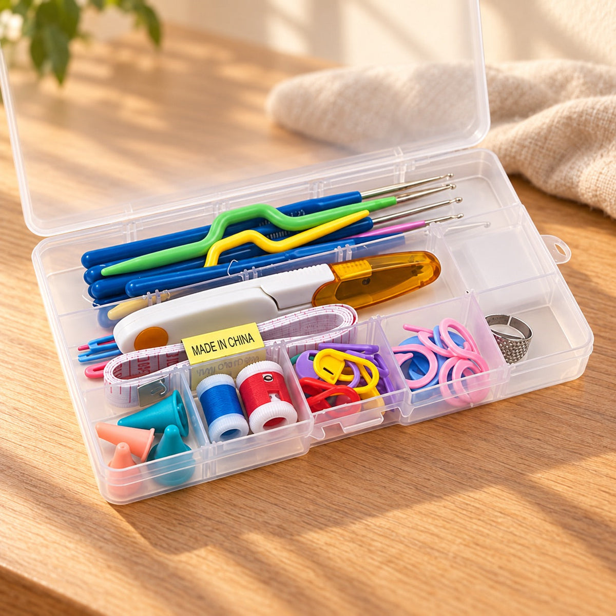AI-styled: Crochet Hooks and Notions Box, closer view on a warm oak worktable. Styling props are not included.