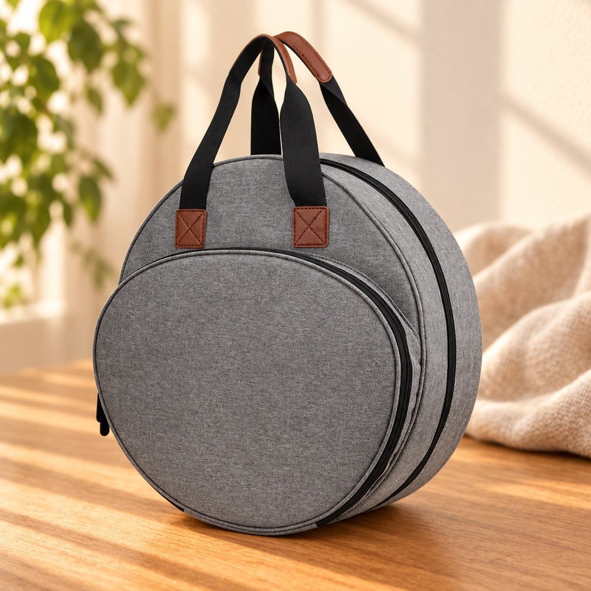AI-styled: Grey Embroidery Storage Tote on a warm oak worktable. Styling props are not included.