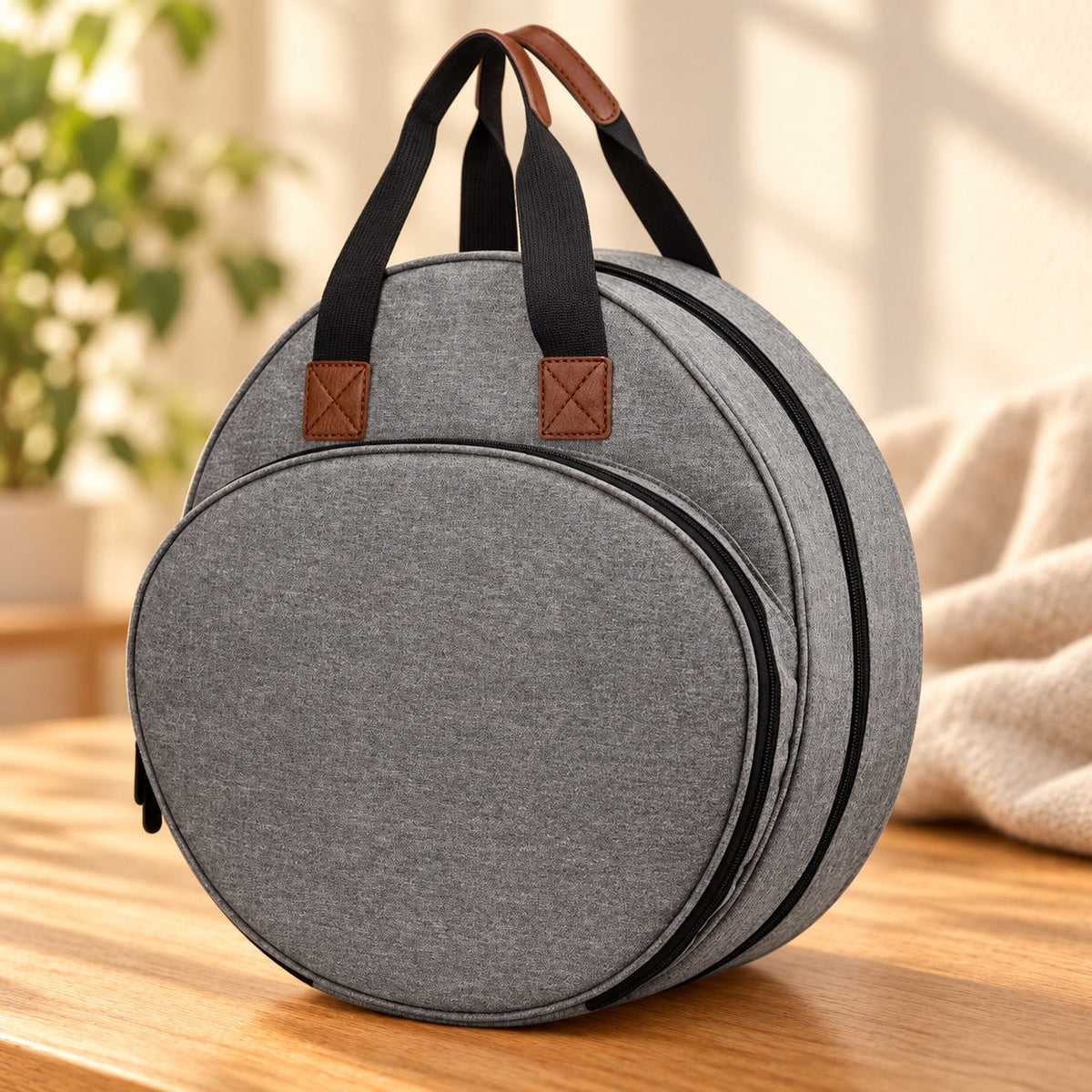 AI-styled: Grey Embroidery Storage Tote, closer view on a warm oak worktable. Styling props are not included.