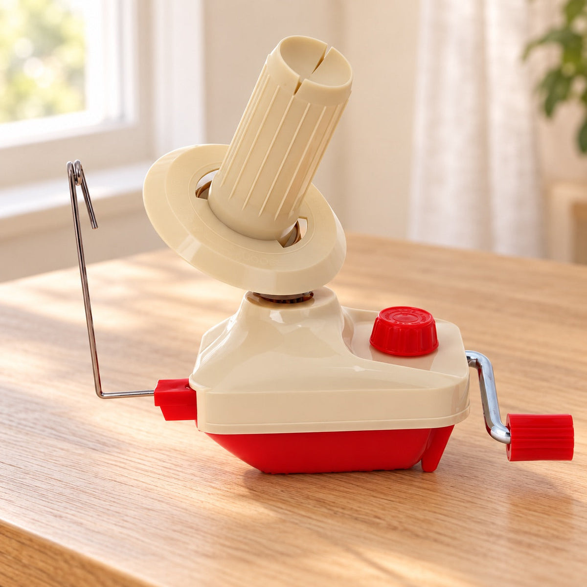 AI-styled: Hand-Crank Yarn Ball Winder on a warm oak craft desk. Styling props are not included.