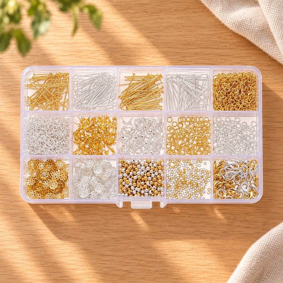 AI-styled: Jewellery Findings Organiser Kit on a warm oak worktable. Styling props are not included.