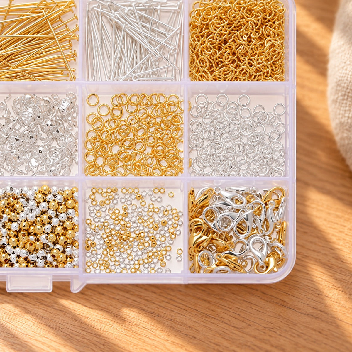 AI-styled: Jewellery Findings Organiser Kit, closer view on a warm oak worktable. Styling props are not included.
