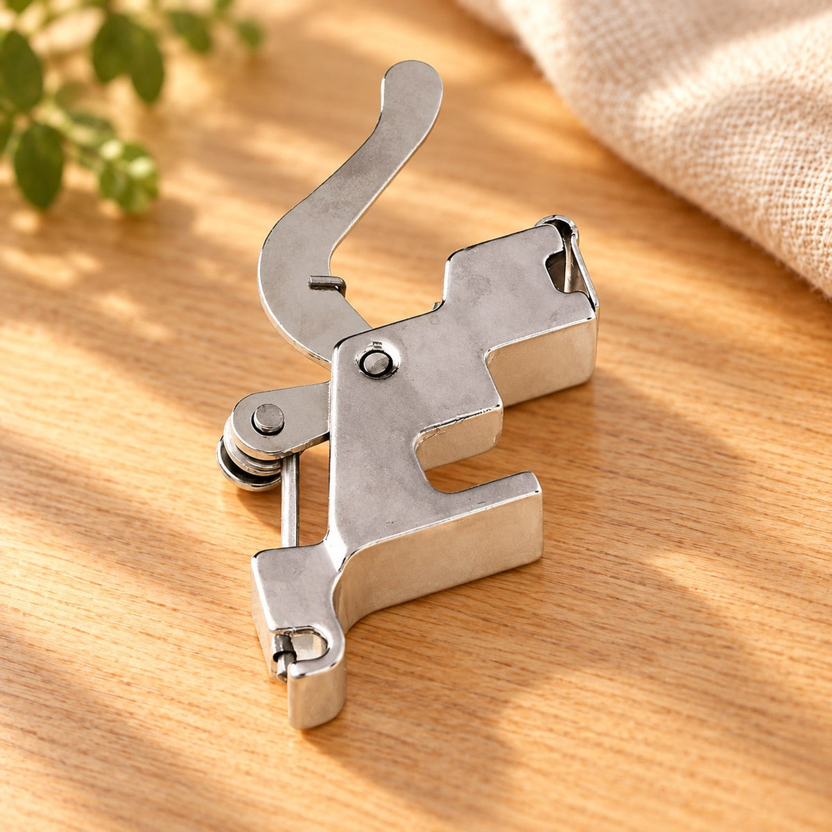 AI-styled: Low-Shank Presser Foot Adapter on a warm oak worktable. Styling props are not included.