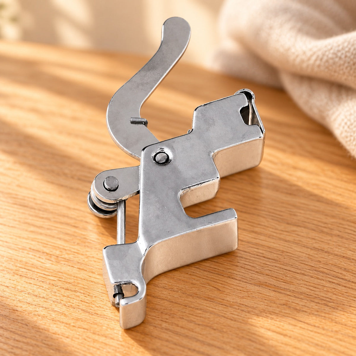 AI-styled: Low-Shank Presser Foot Adapter, closer view on a warm oak worktable. Styling props are not included.