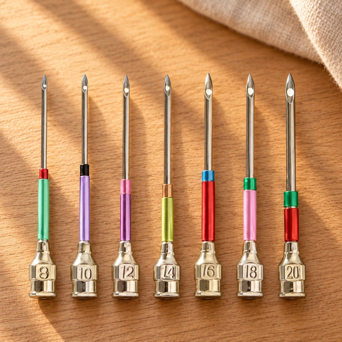 AI-styled: Punch Needle Tool Set, closer view on a warm oak worktable. Styling props are not included.