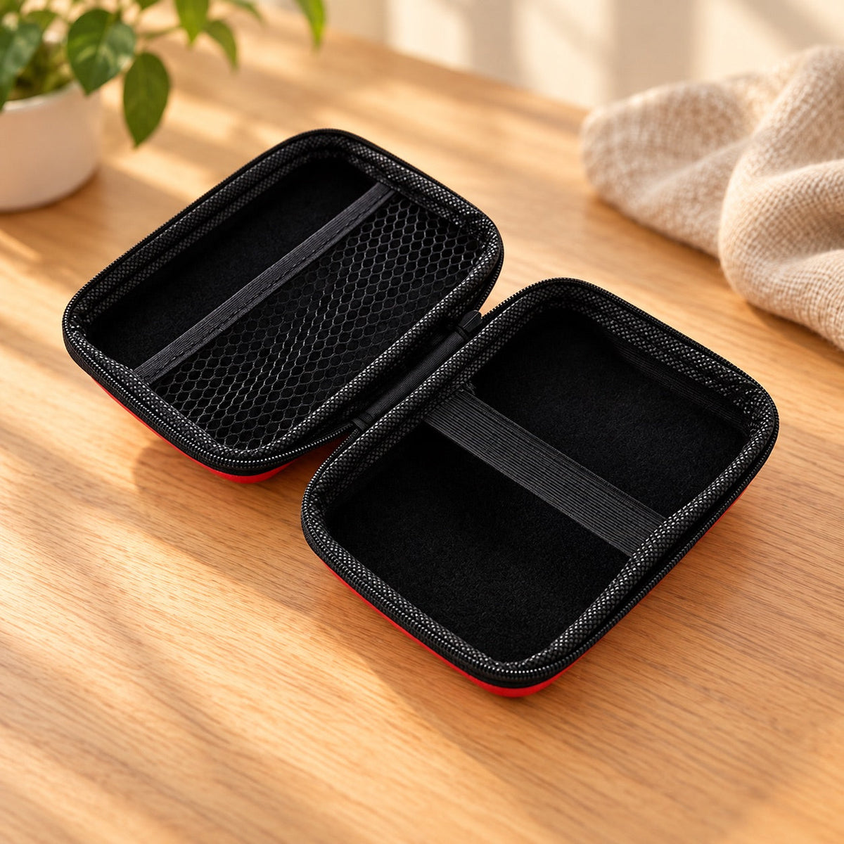 AI-styled: Red Compact Craft Tool Case on a warm oak worktable. Styling props are not included.