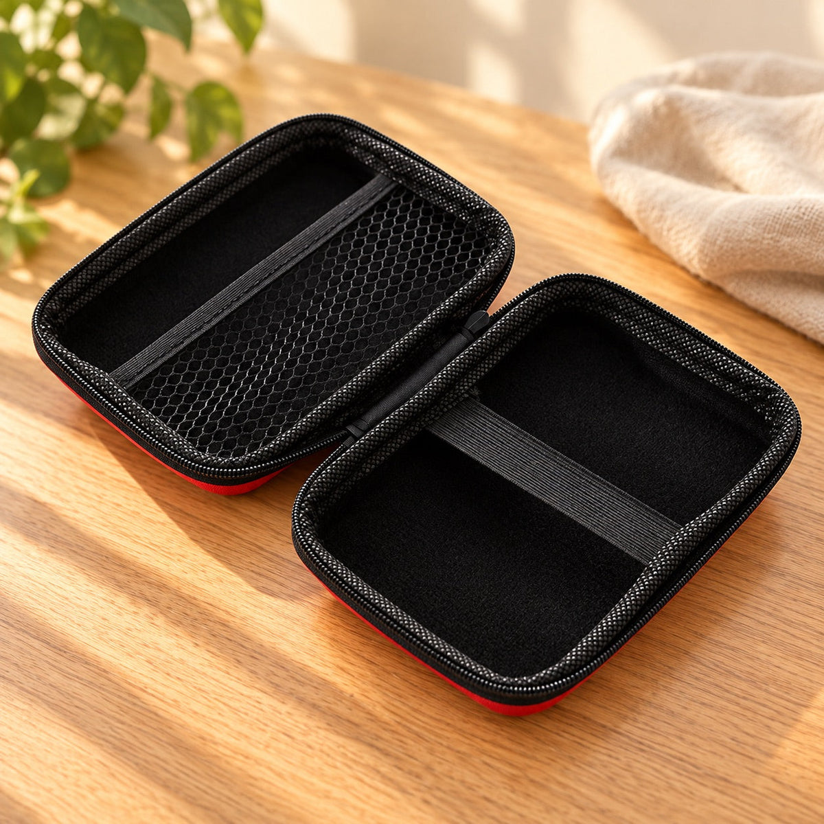 AI-styled: Red Compact Craft Tool Case, closer view on a warm oak worktable. Styling props are not included.