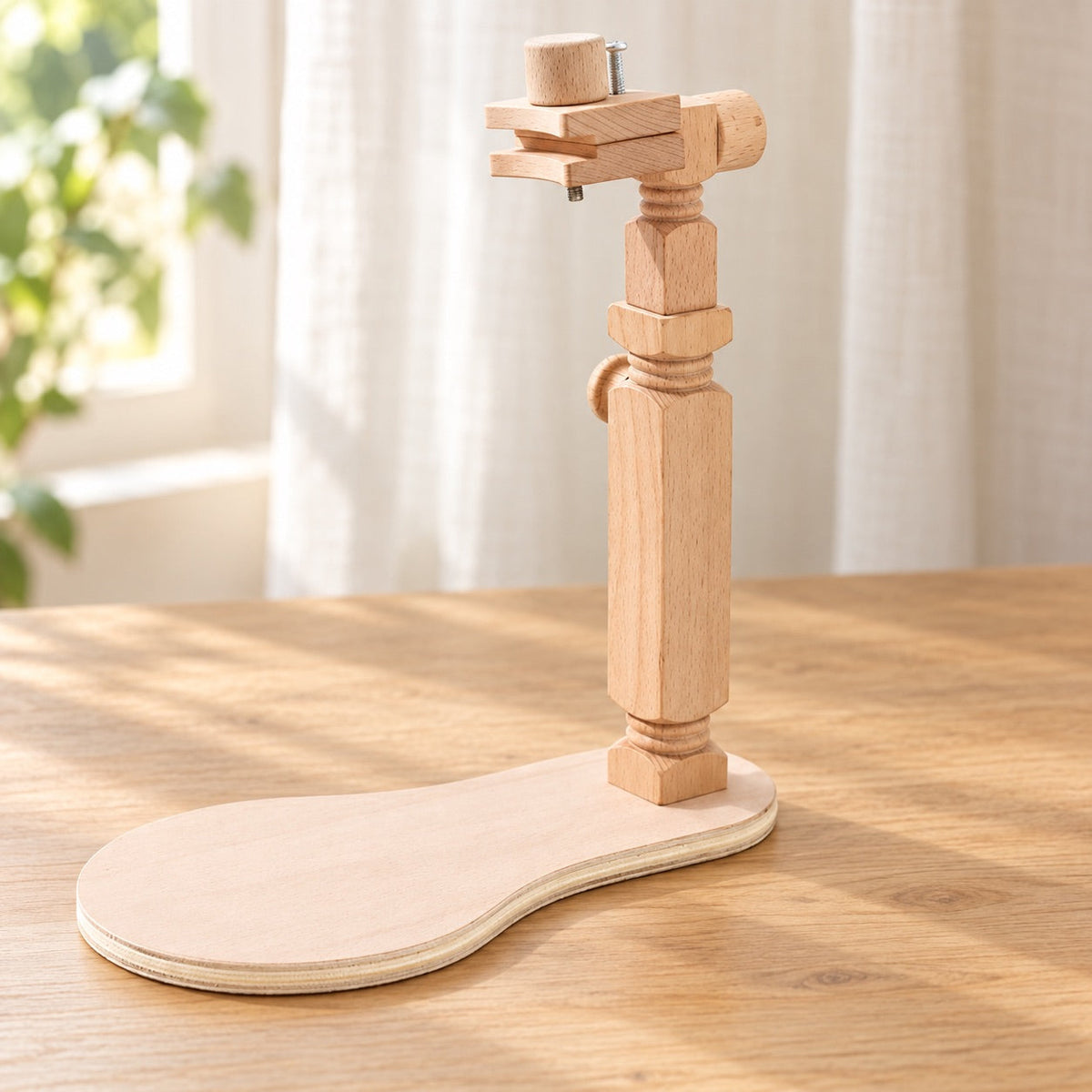 AI-styled: Wooden Tabletop Embroidery Stand on a warm oak craft desk. Styling props are not included.