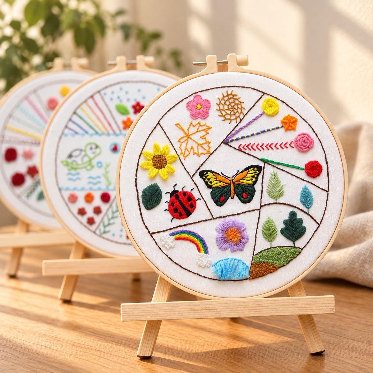 AI-styled: Finished embroidery sampler examples from the practice kit on a warm oak worktable. Styling props are not included.