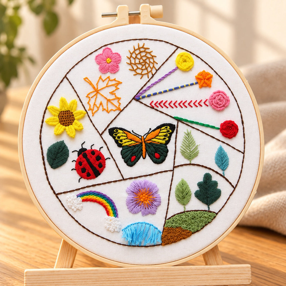 AI-styled: Finished embroidery sampler examples from the practice kit, closer view on a warm oak worktable. Styling props are not included.