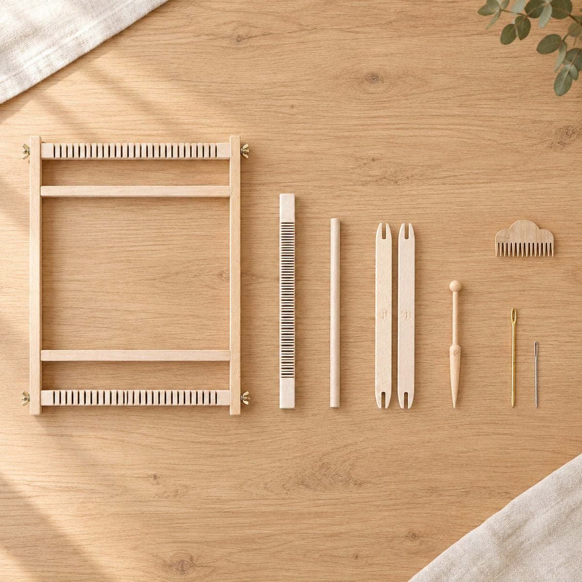 AI-styled: Wooden Weaving Loom — 32 × 40 cm on a warm oak craft desk. Styling props are not included.