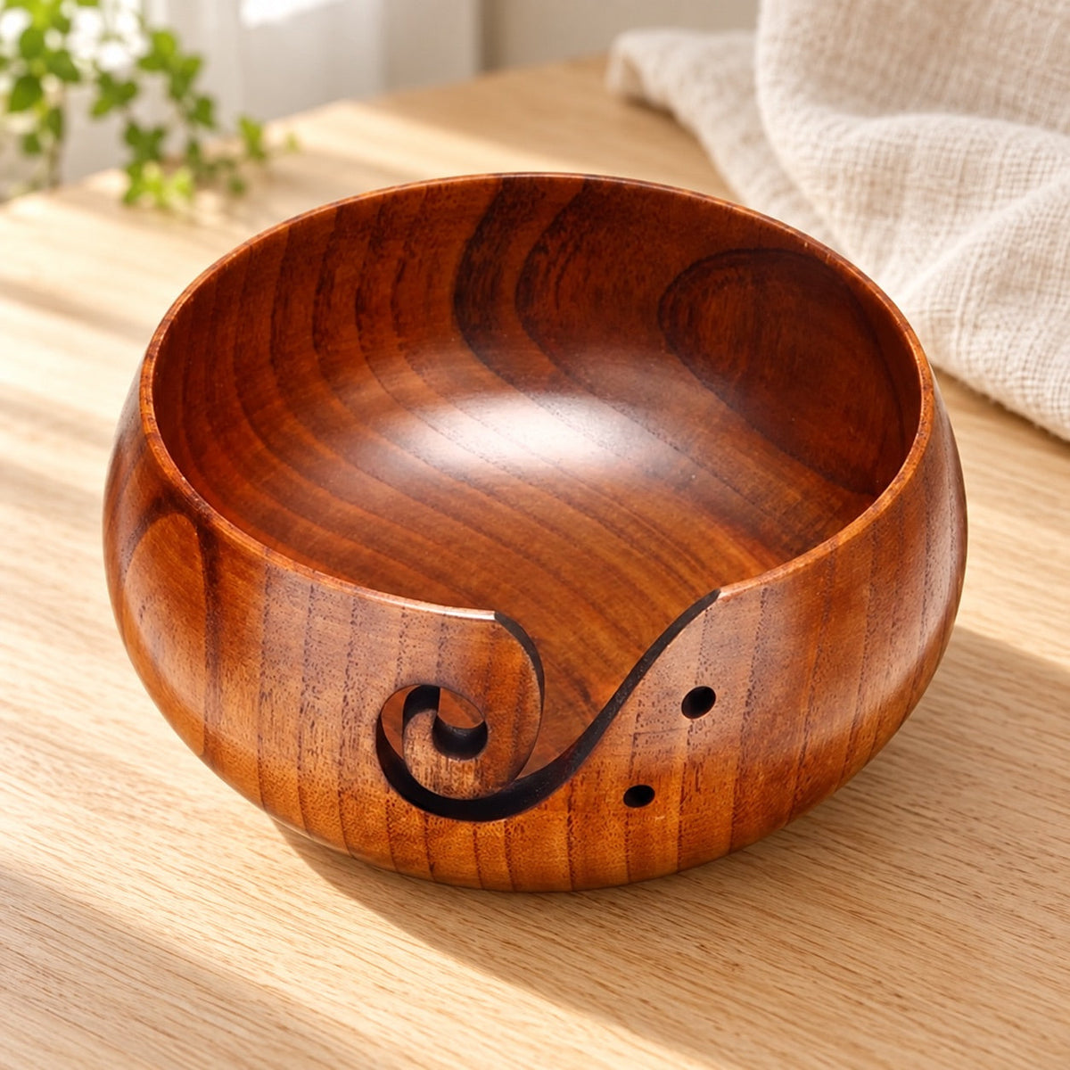 AI-styled: Wooden Yarn Bowl — 16 cm on a warm oak craft desk. Styling props are not included.