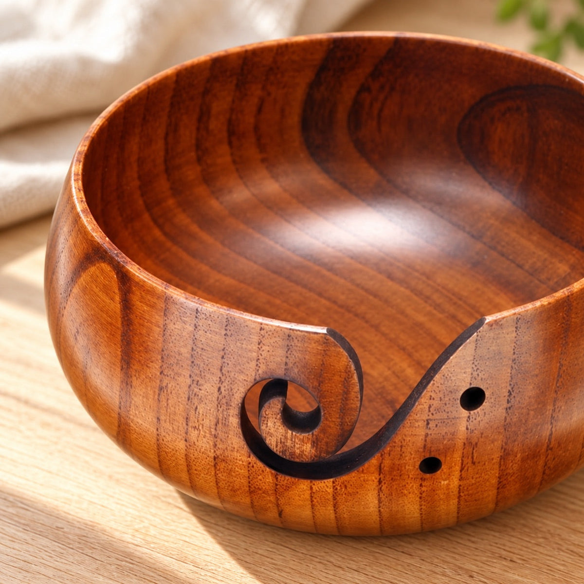 AI-styled: Wooden Yarn Bowl — 16 cm — close view of the original product details. Styling props are not included.